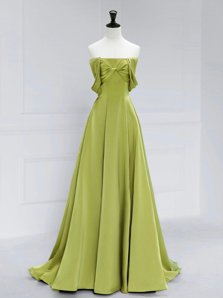A-Line Off Shoulder Green Satin Long Prom Dress, Green Long Formal Evening Dress Main image