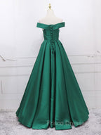 A-Line Off Shoulder Green Satin Long Formal Prom Dress, Green Evening Dress