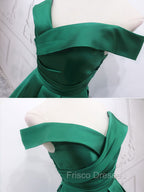 A-Line Off Shoulder Green Satin Long Formal Prom Dress, Green Evening Dress