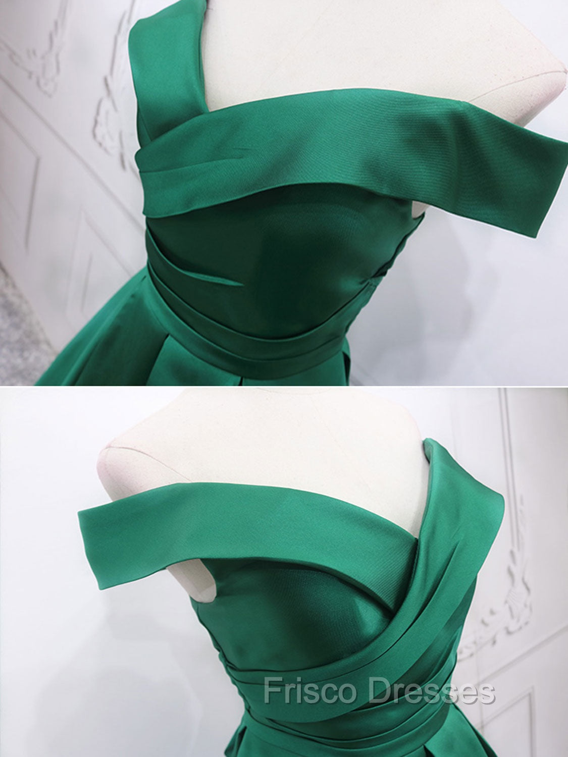 A-Line Off Shoulder Green Satin Long Formal Prom Dress, Green Evening Dress