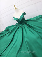 A-Line Off Shoulder Green Satin Long Formal Prom Dress, Green Evening Dress