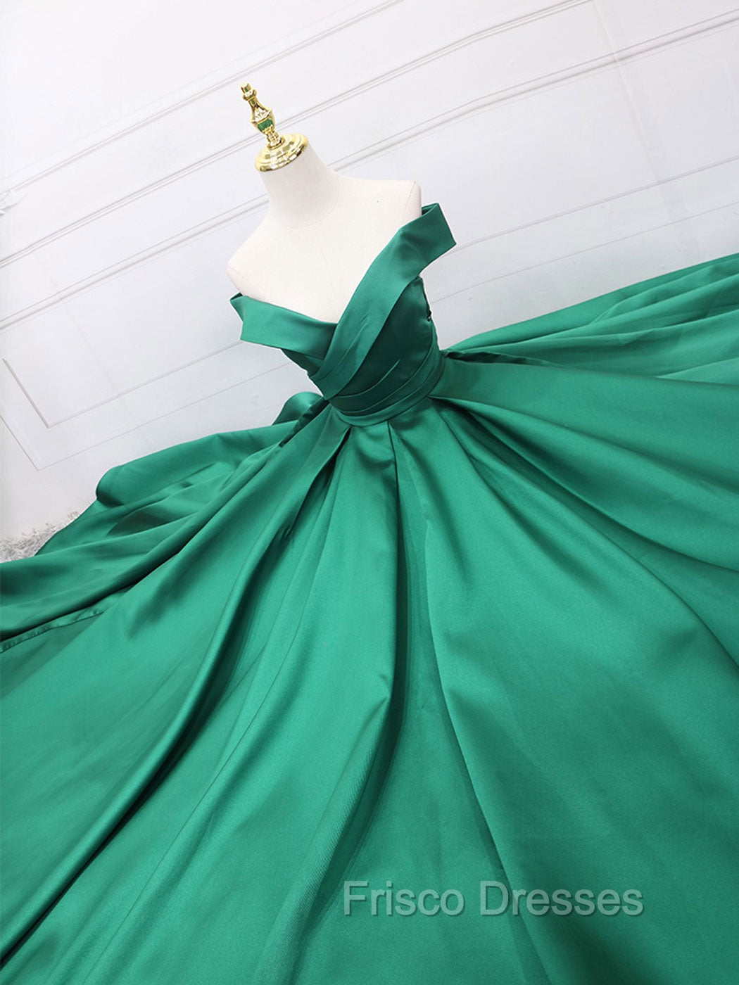 A-Line Off Shoulder Green Satin Long Formal Prom Dress, Green Evening Dress