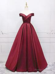 A-Line Off Shoulder Green Satin Long Prom Dresses, Green Evening Dresses