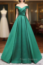 A-Line Off Shoulder Green Satin Long Formal Prom Dress, Green Evening Dress