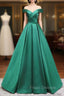A-Line Off Shoulder Green Satin Long Formal Prom Dress, Green Evening Dress