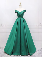 A-Line Off Shoulder Green Satin Long Prom Dresses, Green Evening Dresses