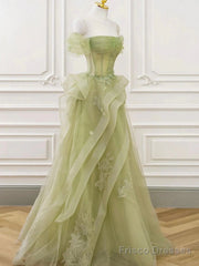 A Line Off Shoulder Green Tulle Long Prom Dress