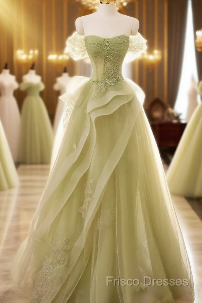 A Line Off Shoulder Green Tulle Long Formal Prom Dress Main image