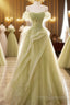 A Line Off Shoulder Green Tulle Long Formal Prom Dress