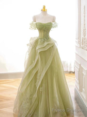 A Line Off Shoulder Green Tulle Long Prom Dress