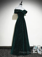 A-line Off Shoulder Green Velvet Simple Party Dress, Green Formal Prom Dress Formal Dress