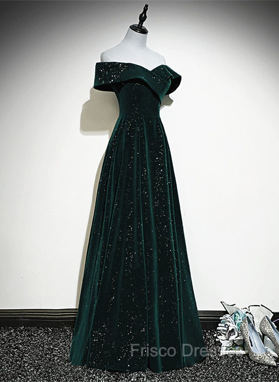 A-line Off Shoulder Green Velvet Simple Party Dress, Green Formal Prom Dress Formal Dress