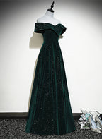 A-Line Off Shoulder Green Velvet Simple Party Dress, Green Prom Dress Formal Dress