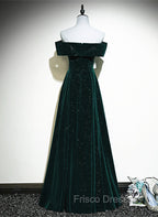 A-line Off Shoulder Green Velvet Simple Party Dress, Green Formal Prom Dress Formal Dress
