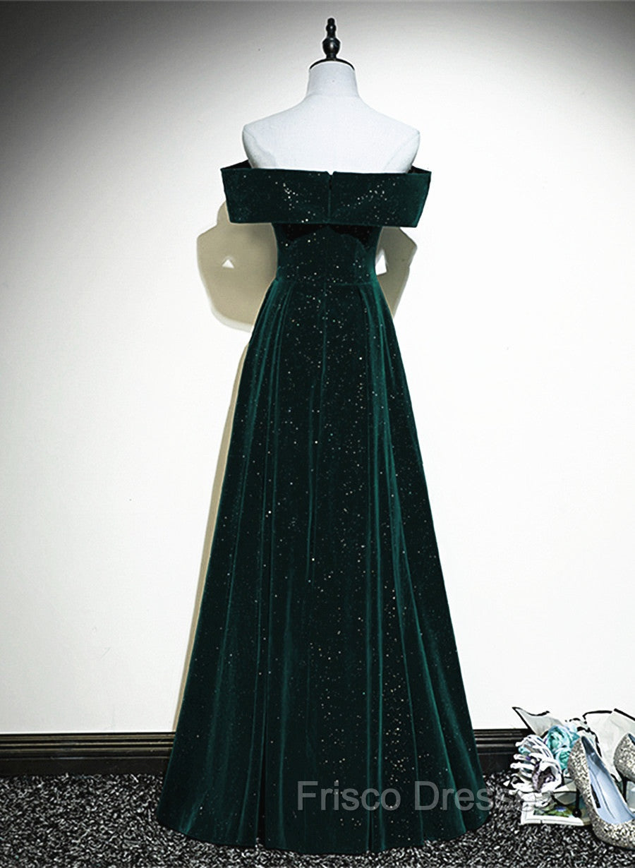 A-line Off Shoulder Green Velvet Simple Party Dress, Green Formal Prom Dress Formal Dress