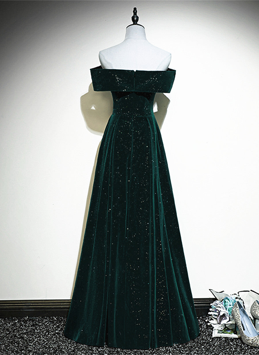 A-Line Off Shoulder Green Velvet Simple Party Dress, Green Prom Dress Formal Dress