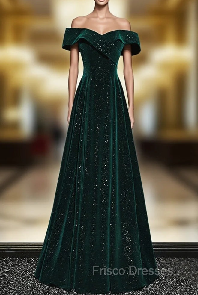 A-line Off Shoulder Green Velvet Simple Party Dress, Green Formal Prom Dress Formal Dress Main image