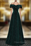 A-line Off Shoulder Green Velvet Simple Party Dress, Green Formal Prom Dress Formal Dress