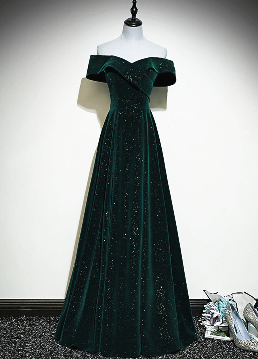 A-Line Off Shoulder Green Velvet Simple Party Dress, Green Prom Dress Formal Dress