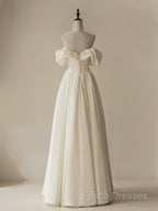 A-Line Off Shoulder Ivory Satin Long Formal Prom Dress, Ivory Long Formal Dress