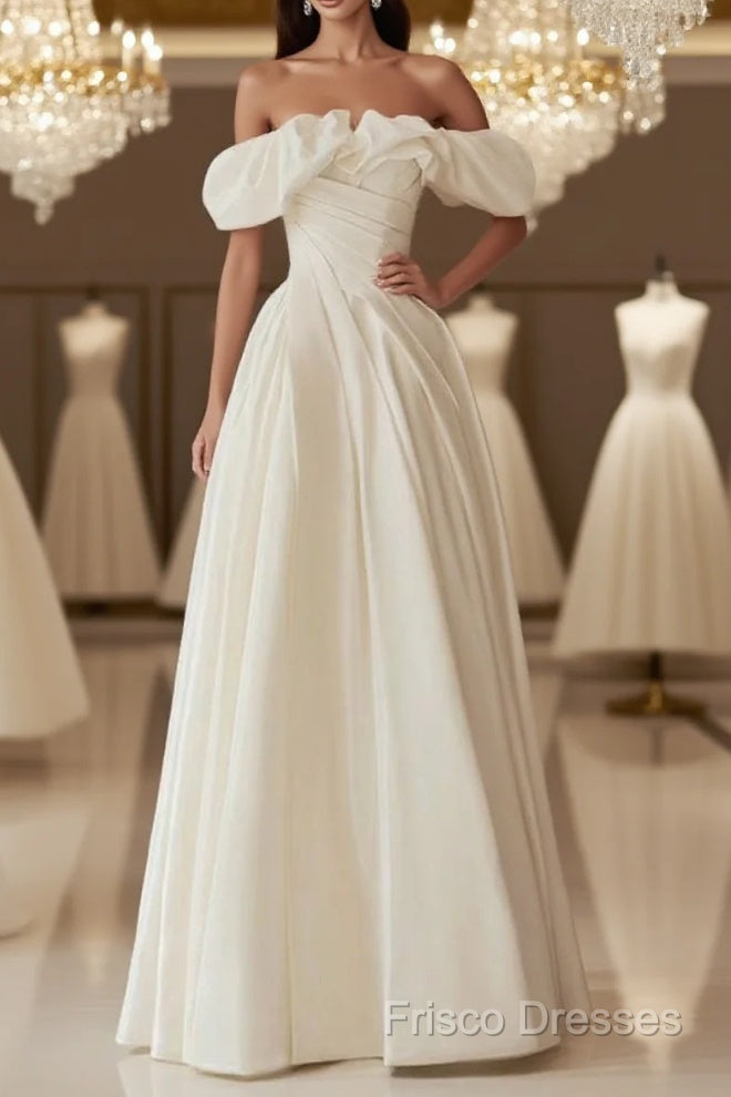 A-Line Off Shoulder Ivory Satin Long Formal Prom Dress, Ivory Long Formal Dress