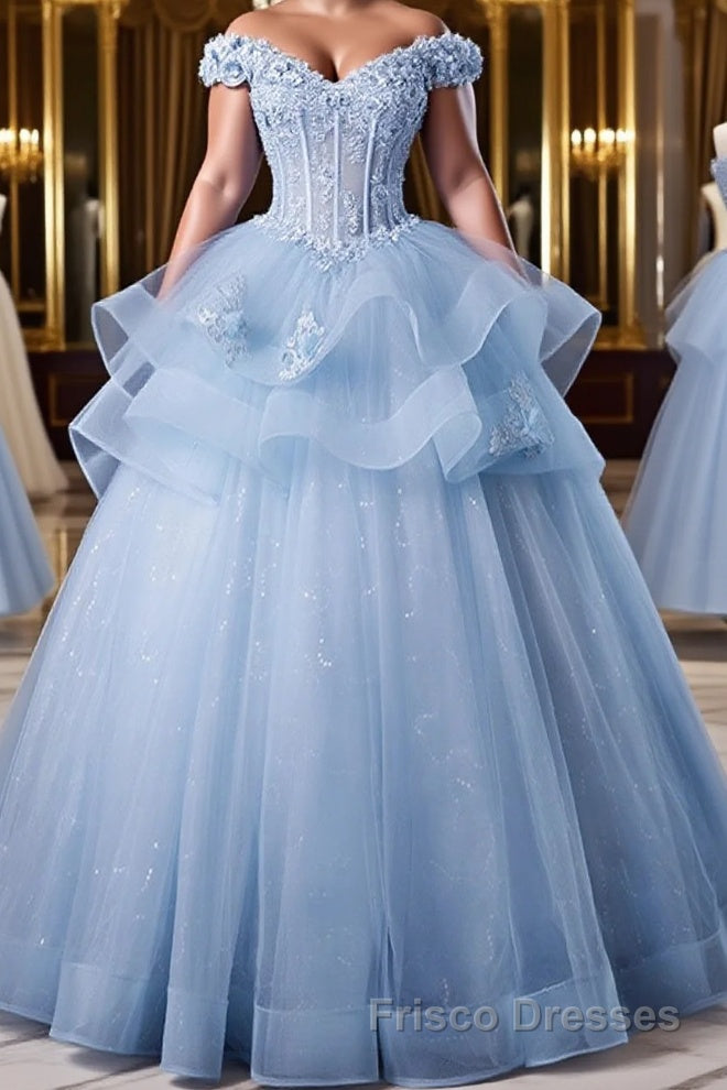 A-Line Off Shoulder Lace Tulle Blue Long Formal Prom Dresses, Blue Sweet 16 Dresses Main image
