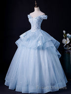A-Line Off Shoulder Lace Tulle Blue Long Formal Prom Dresses, Blue Sweet 16 Dresses
