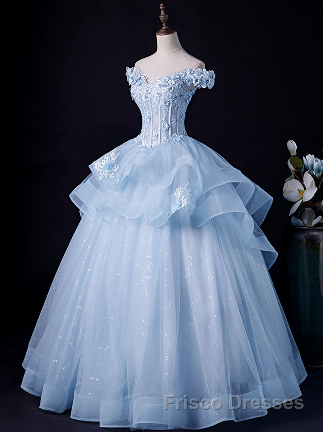 A-Line Off Shoulder Lace Tulle Blue Long Formal Prom Dresses, Blue Sweet 16 Dresses