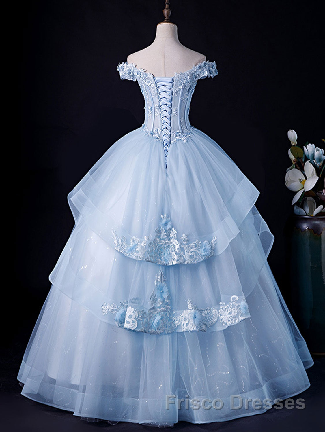 A-Line Off Shoulder Lace Tulle Blue Long Formal Prom Dresses, Blue Sweet 16 Dresses