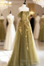 A-Line Off Shoulder Long Formal Prom Dress, Green Tulle Formal Evening Dress