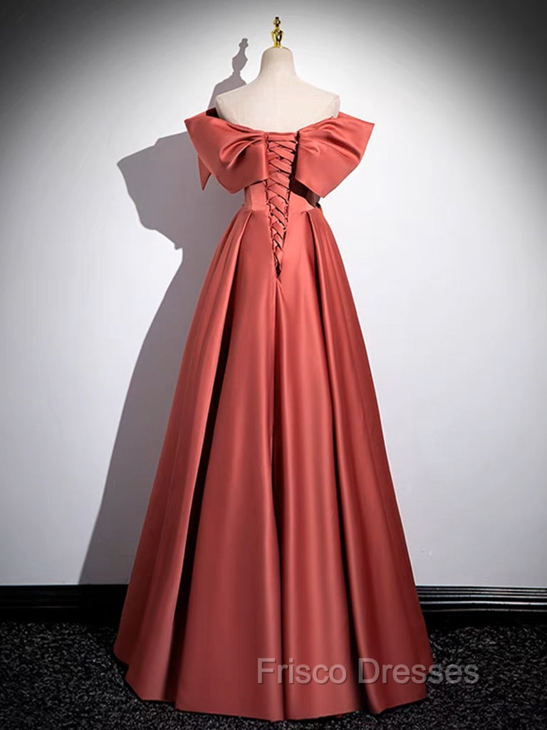 A-Line Off Shoulder Off Shoulder Satin Long Formal Prom Dress, Watermelon Red Long Formal Dress