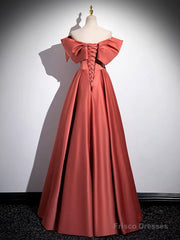 A-Line Off Shoulder Off Shoulder Satin Long Prom Dress, Watermelon Red Long Formal Dress