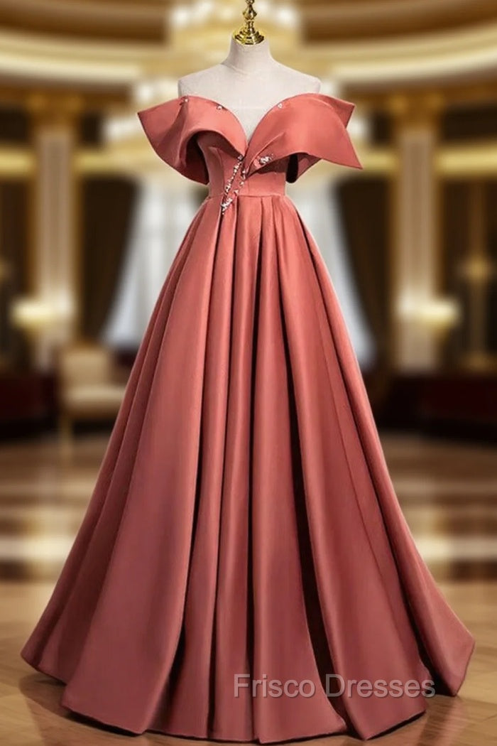 A-Line Off Shoulder Off Shoulder Satin Long Formal Prom Dress, Watermelon Red Long Formal Dress