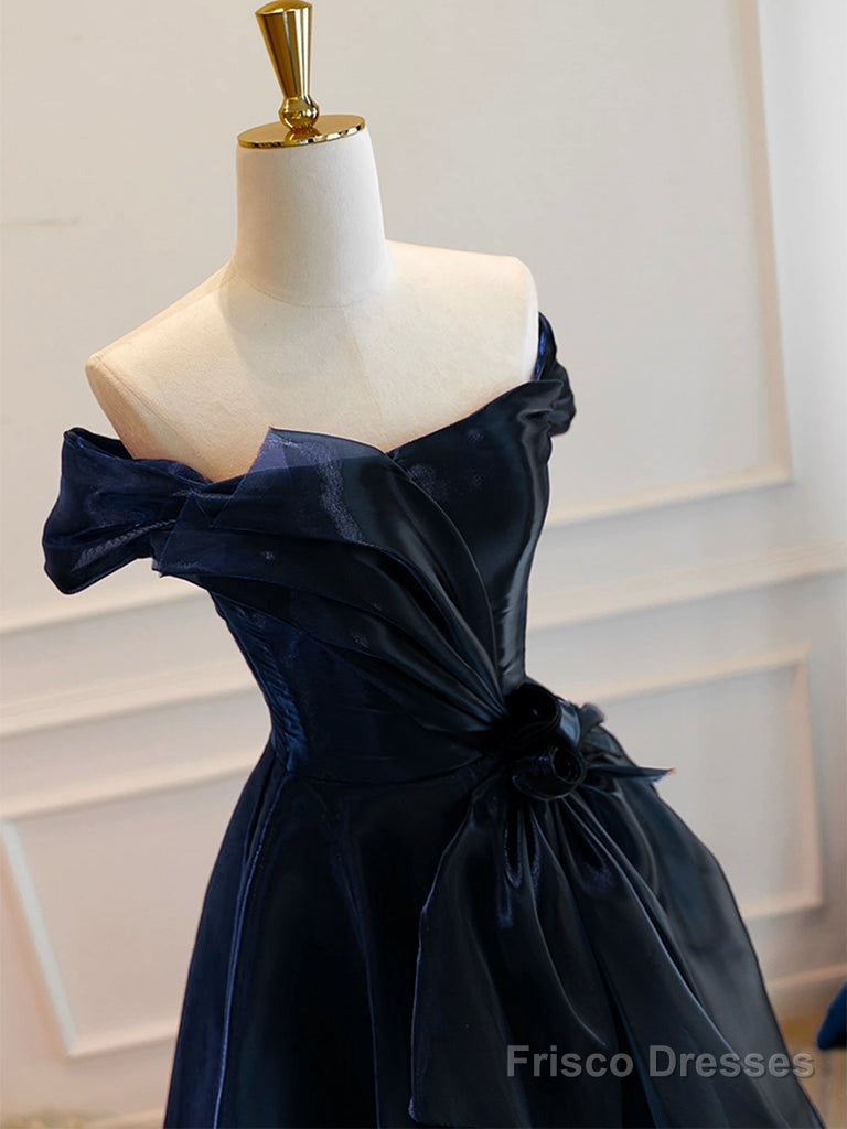 A-Line Off Shoulder Organza Dark Blue Long Prom Dress, Dark Blue Long Formal Dress