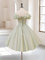 A-Line Off Shoulder Organza Green Short Formal Prom Dress,Cute Homecoming Dress with Beads