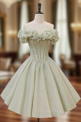 A-Line Off Shoulder Organza Green Short Formal Prom Dress,Cute Homecoming Dress with Beads