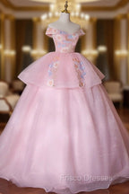 A-Line Off Shoulder Organza Lace Pink Long Formal Prom Dress. Pink Sweet 16 Dress