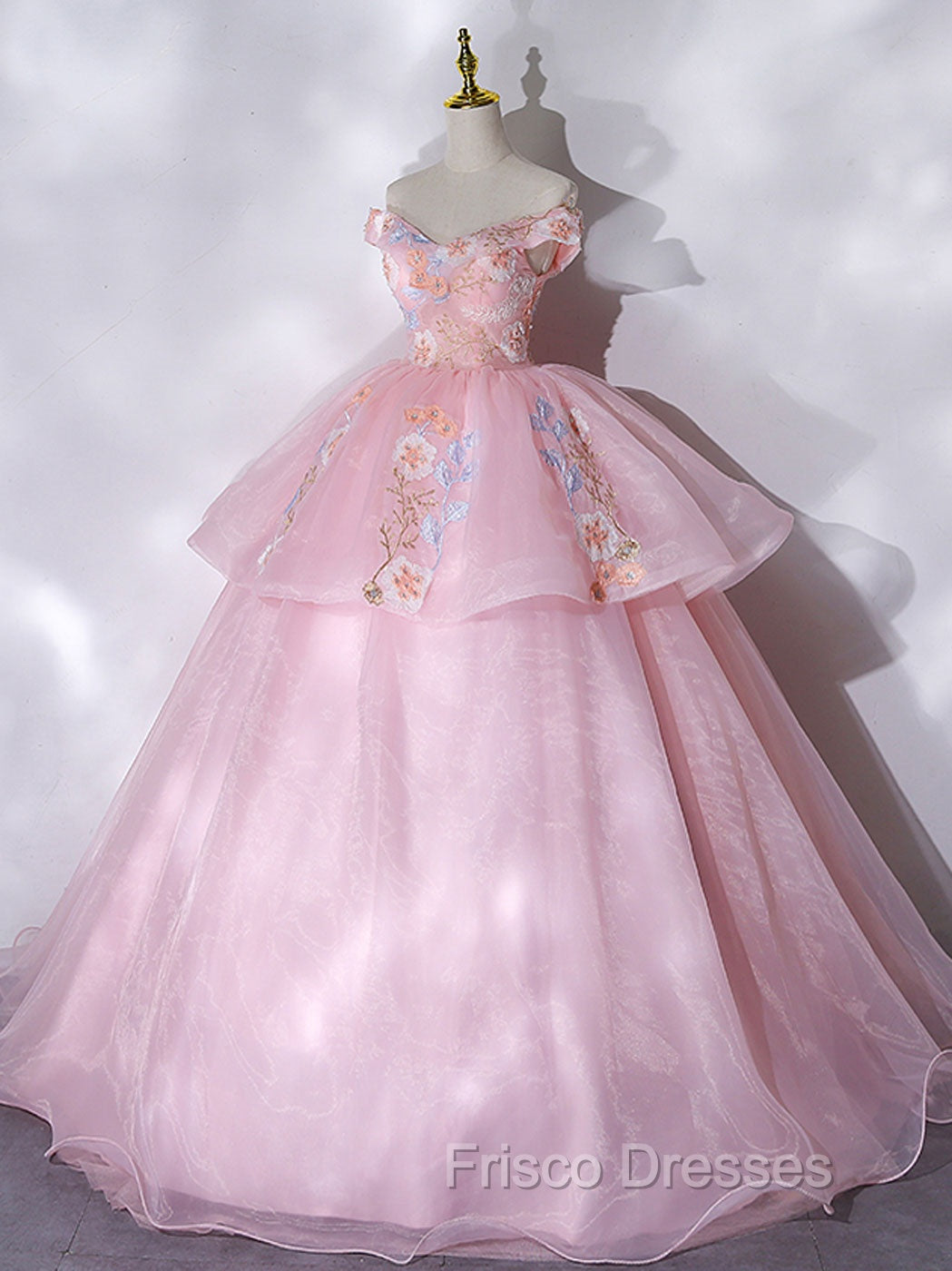 A-Line Off Shoulder Organza Lace Pink Long Formal Prom Dress. Pink Sweet 16 Dress