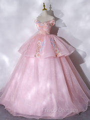 A-Line Off Shoulder Organza Lace Pink Long Formal Prom Dress. Pink Sweet 16 Dress