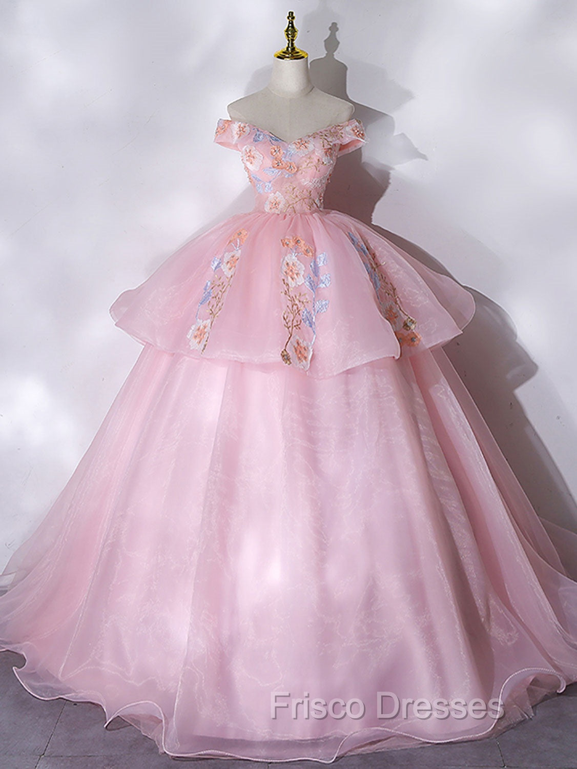A-Line Off Shoulder Organza Lace Pink Long Formal Prom Dress. Pink Sweet 16 Dress Secondary image
