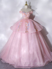 A-Line Off Shoulder Organza Lace Pink Long Formal Prom Dress. Pink Sweet 16 Dress