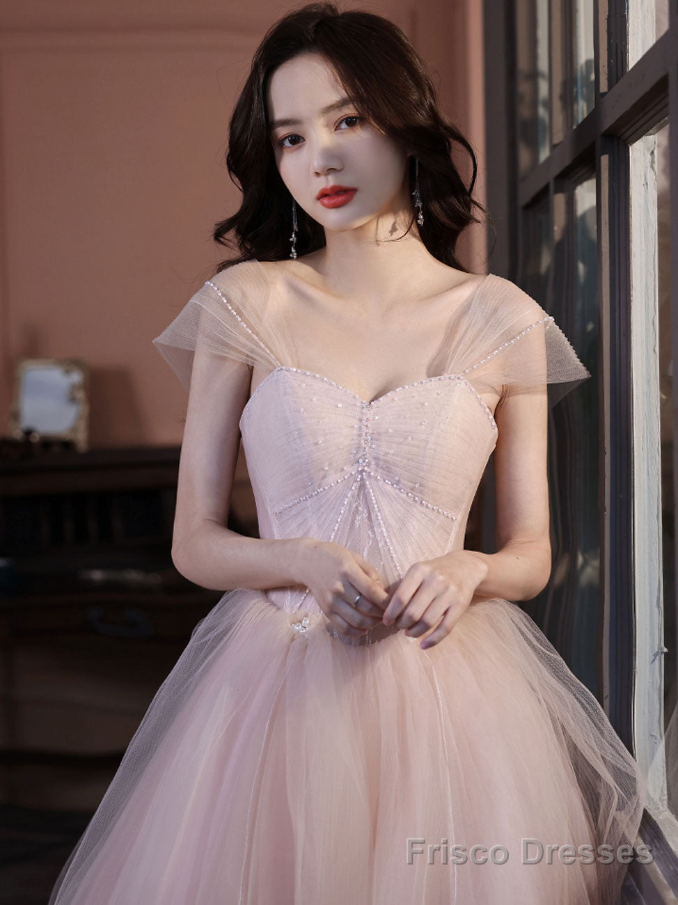 A Line Off Shoulder Pink Long Prom Dress, Pink Graduation Dress With Beading Lace