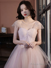 A Line Off Shoulder Pink Long Prom Dress, Pink Graduation Dress With Beading Lace