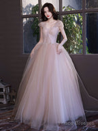 A Line Off Shoulder Pink Long Prom Dress, Pink Graduation Dress With Beading Lace