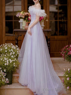 A-Line Off Shoulder Purple Tulle Long Prom Dress, Purple Formal Evening Dress