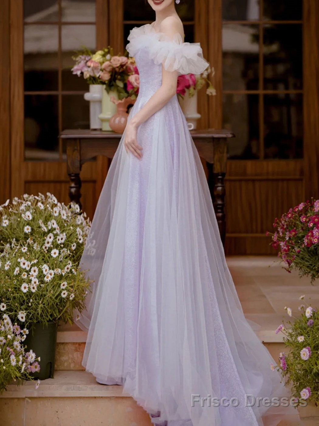 A-Line Off Shoulder Purple Tulle Long Prom Dress, Purple Formal Evening Dress