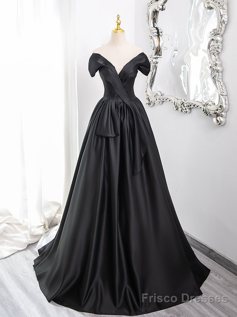 A-Line Off Shoulder Satin Black Long Prom Dress, Black Long Formal Dress Main image