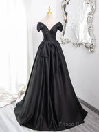 A-Line Off Shoulder Satin Black Long Prom Dress, Black Long Formal Dress