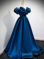 A-Line Off Shoulder Satin Blue Long Formal Prom Dress, Blue Evening Dress