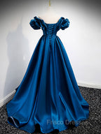A-Line Off Shoulder Satin Blue Long Formal Prom Dress, Blue Evening Dress
